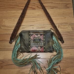 Western Brown and Teal Crossbody Bag with Fringe